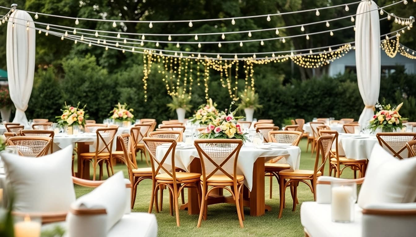 Arrange stunning Event Furniture Rentals for an outdoor wedding, enhancing your celebration.