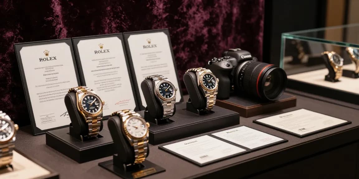 Showcasing stunning Rolex replica watches with authenticity certificates on a luxury display table.