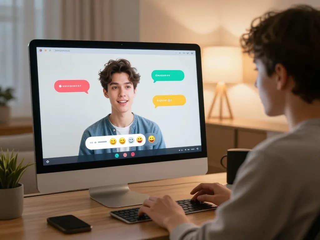 Spicychat engaging user in a friendly virtual conversation with a character on-screen in a cozy home office