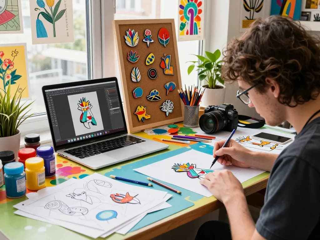 Custom acrylic pins designed in a vibrant art studio with sketches and colorful materials.