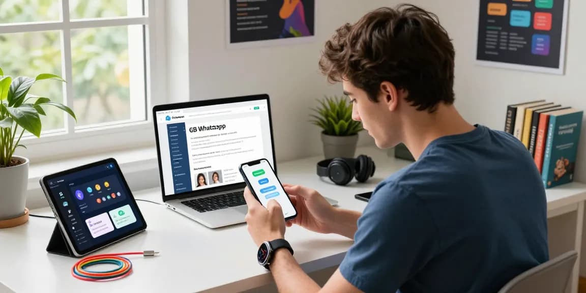 Engaged user exploring GB WhatsApp APK features on smartphone in a modern tech workspace