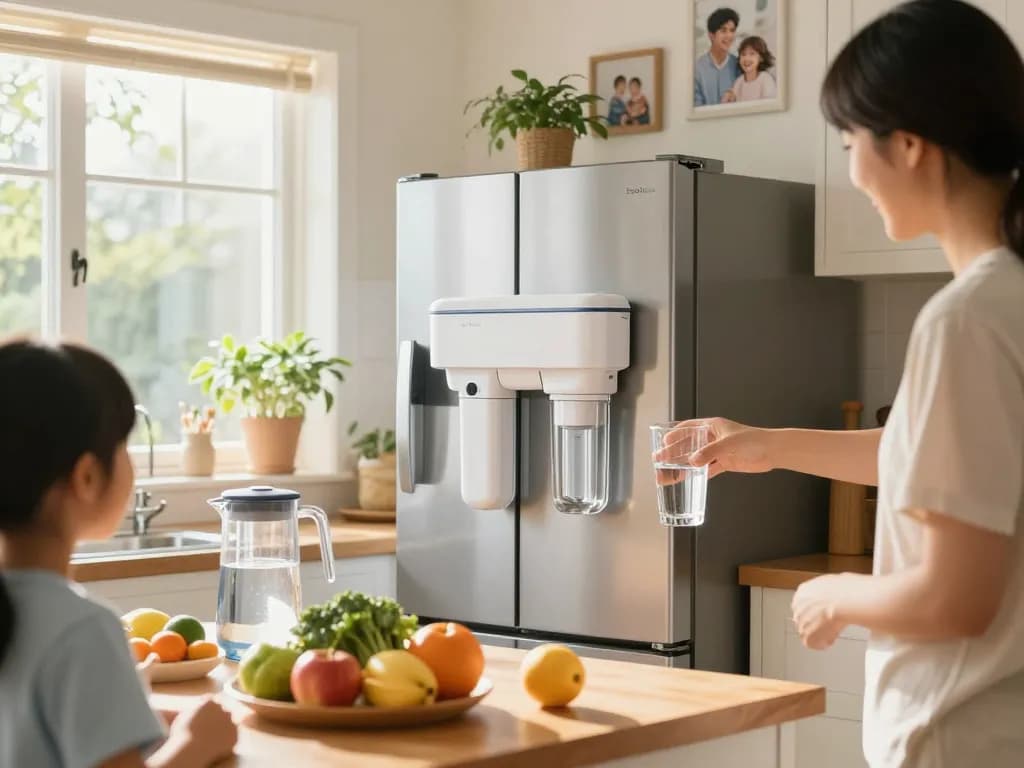 EcoAqua 5231JA2006A Refrigerator Water Filter providing pure drinking water in a bright kitchen.