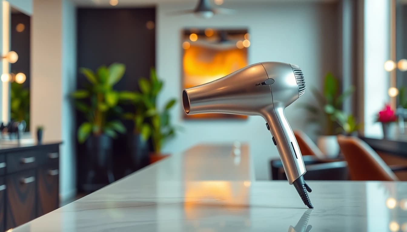 Efficient styling with an ionic blow dryer showcasing its sleek design and vibrant environment.