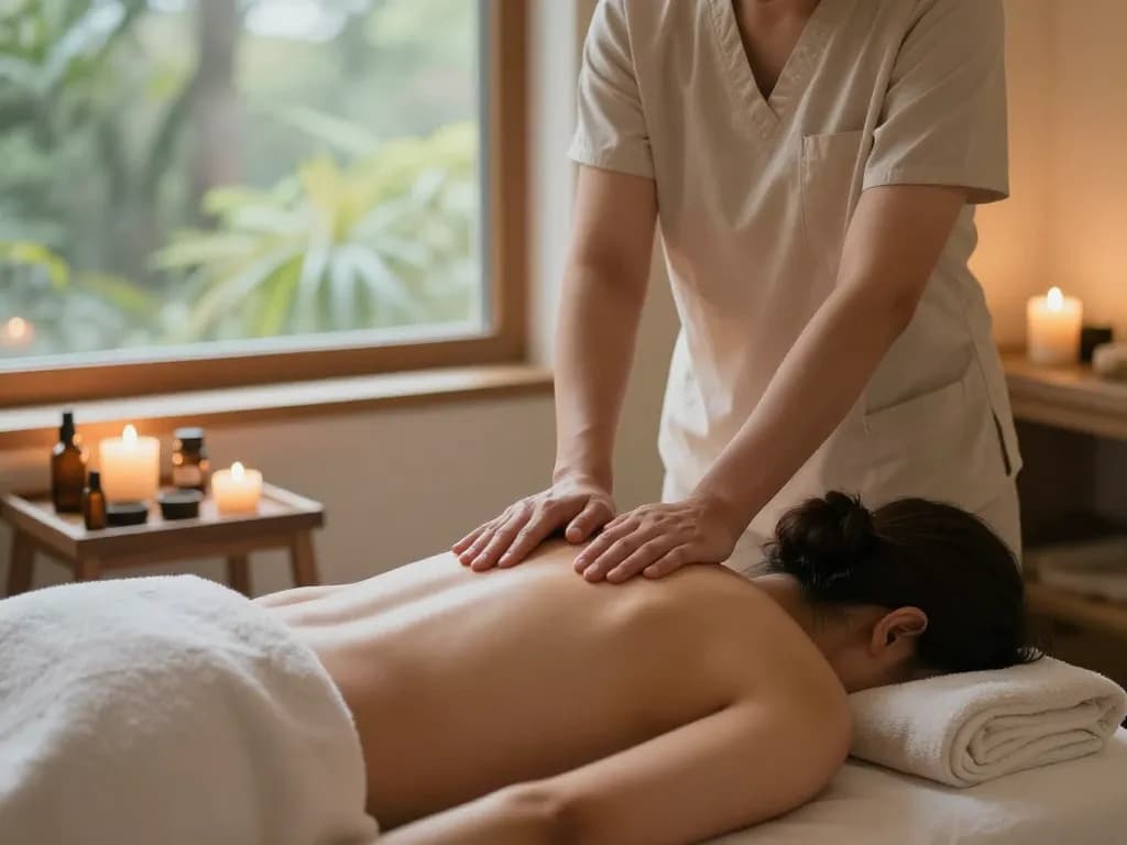 Swedish massage experience at https://www.makangs.com/, featuring a therapist in a serene room with candles and essential oils.