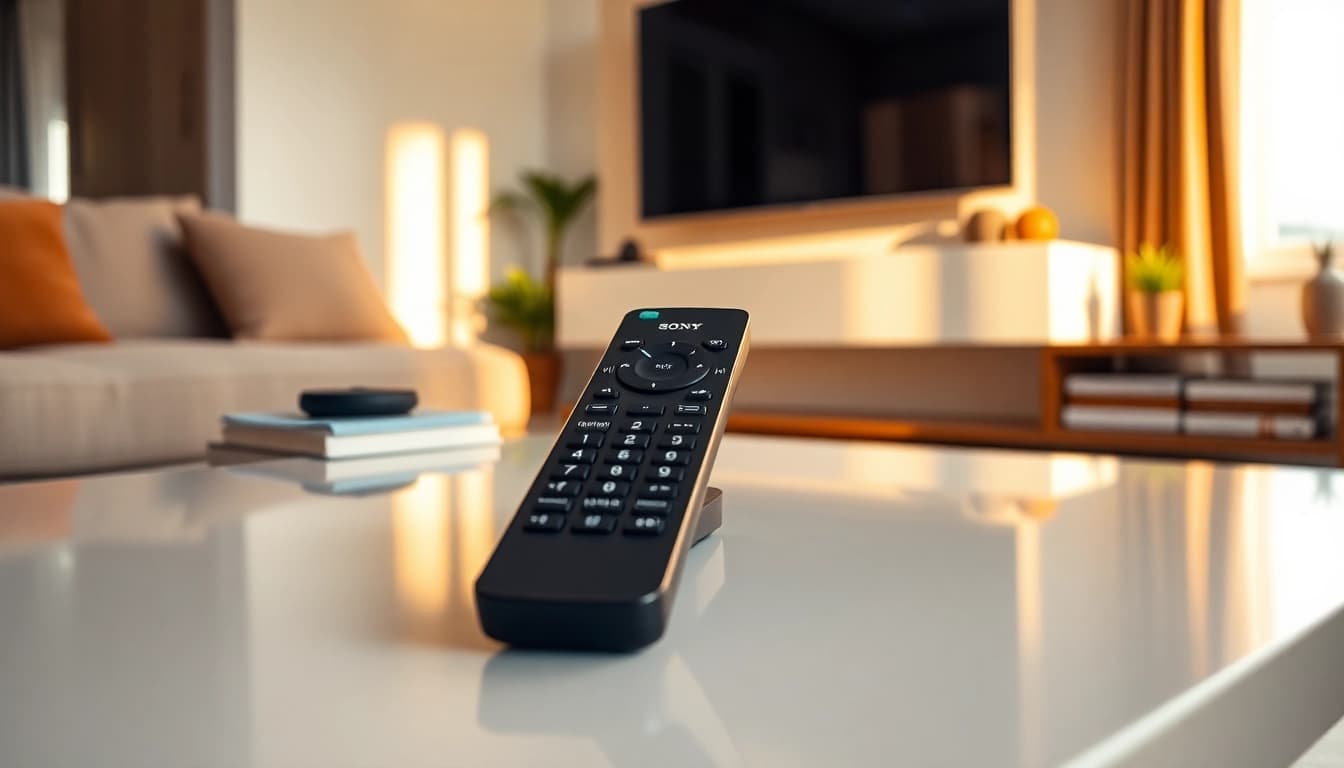 Steuerung der Sony Fernbedienung KD-55 auf einem modernen Couchtisch im gemütlichen Wohnzimmer.