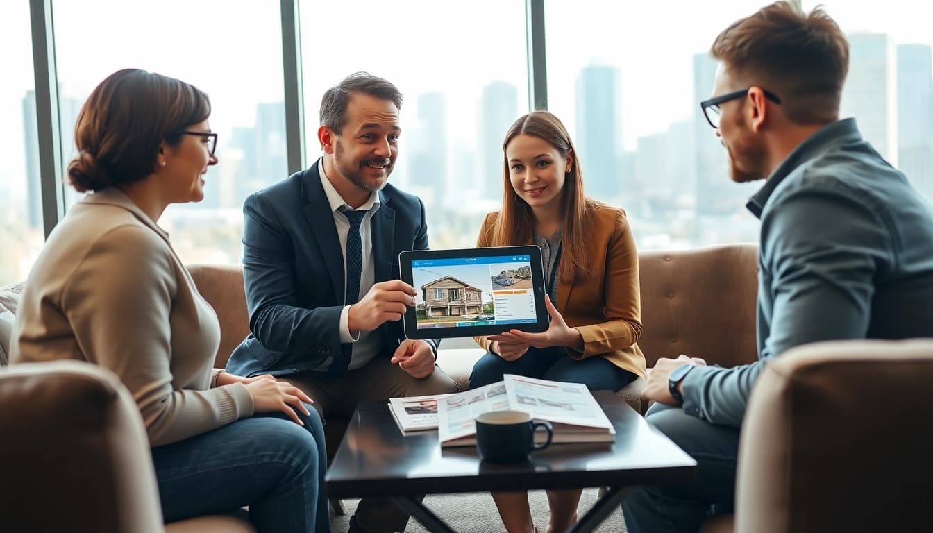 Engage with a real estate agent showcasing properties in a professional office setting.