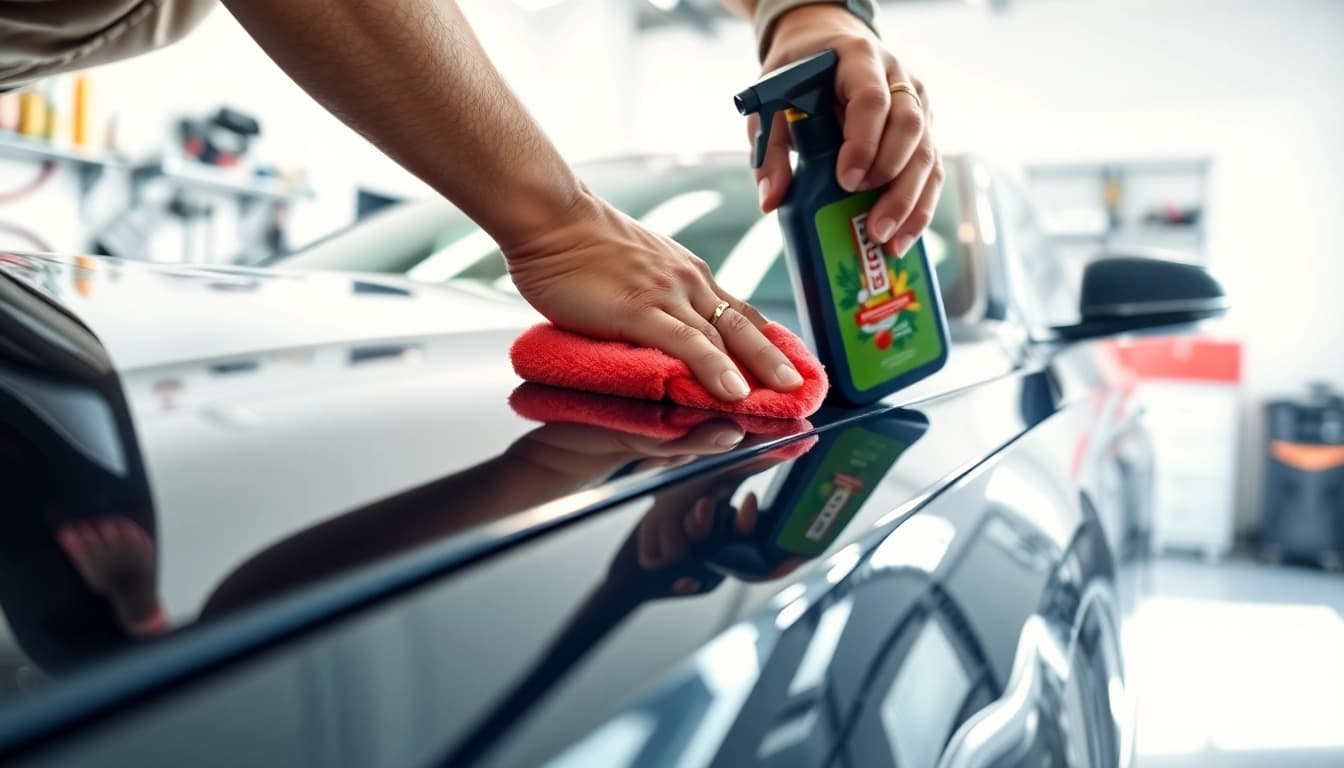 Applying car wax service near me to a pristine sedan in a well-lit garage setting.