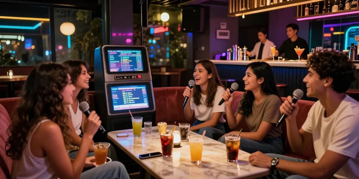 Friends having fun at karaoke in vibrant lounge https://www.magic4karaoke.com/ with neon lights and lively atmosphere.