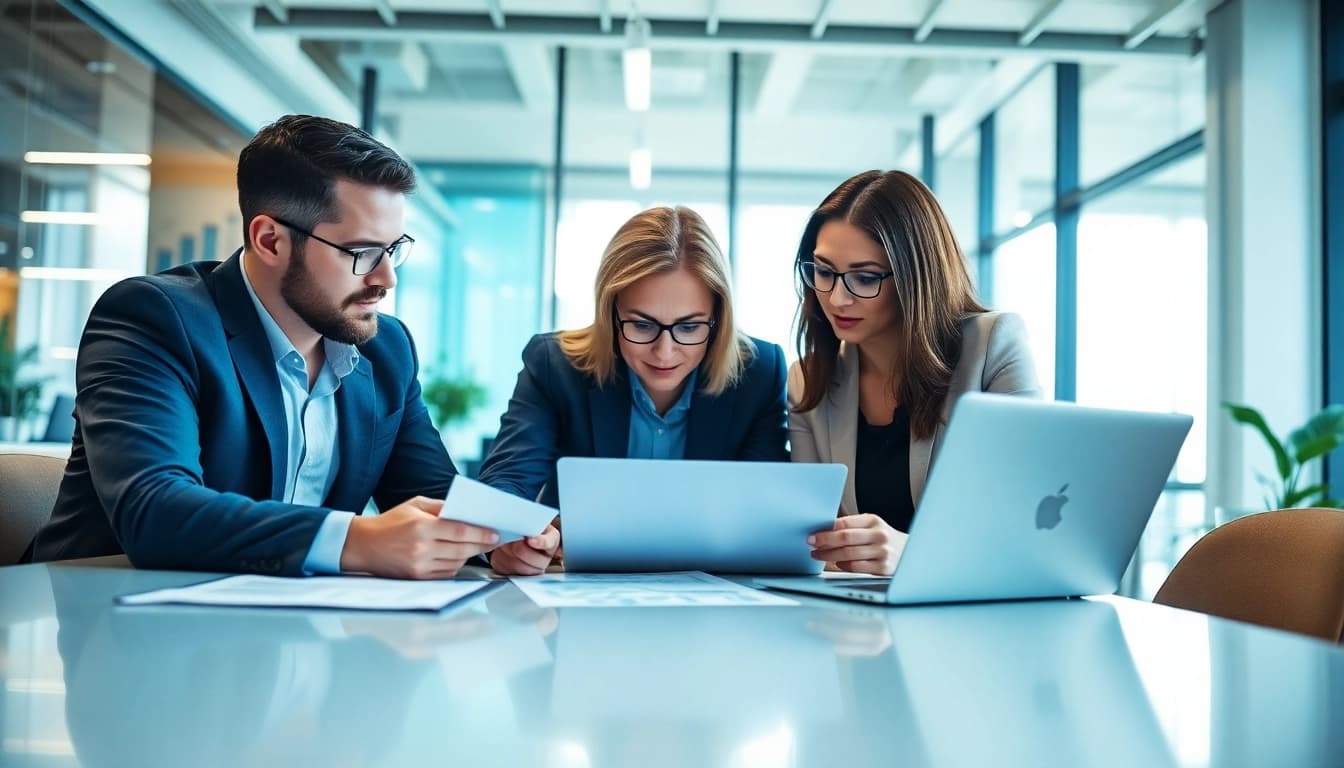 Visual of a business team engaged in sales enablement content tracking analysis, with vibrant office colors.