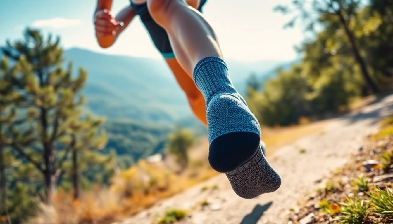 Showcasing performance running socks in action during a scenic run, emphasizing comfort and style.