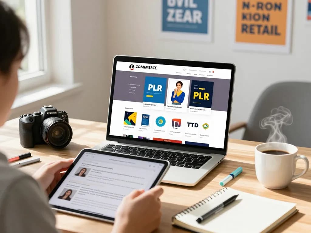 Buy PLR Products Online: An engaging scene of a person exploring a vibrant e-commerce site for digital products in a bright home office, surrounded by creative tools and warm sunlight.