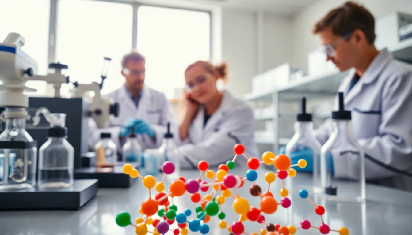 Explore Peptides UK with scientists in a modern lab synthesizing diverse peptide samples.