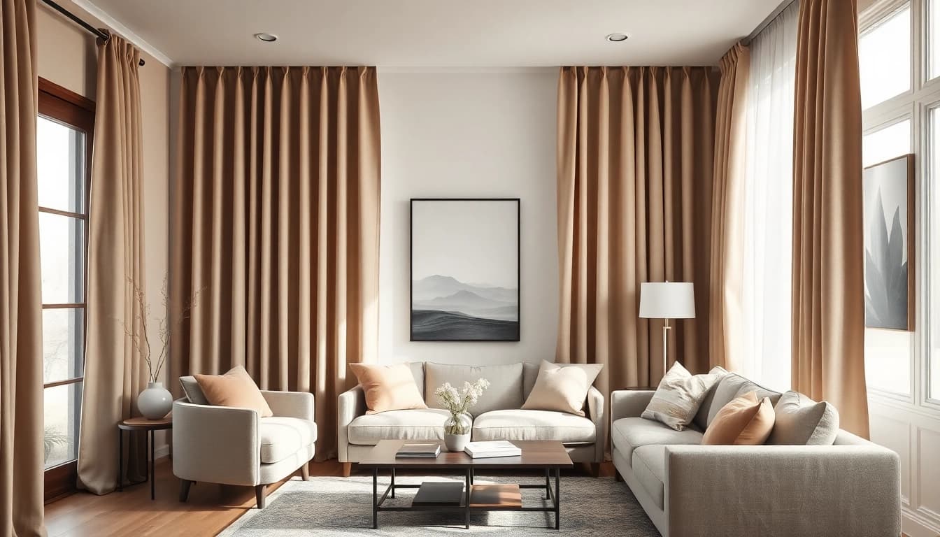 Verduisterende gordijnen in een sfeervolle woonkamer die licht blokkeren voor maximale privacy.