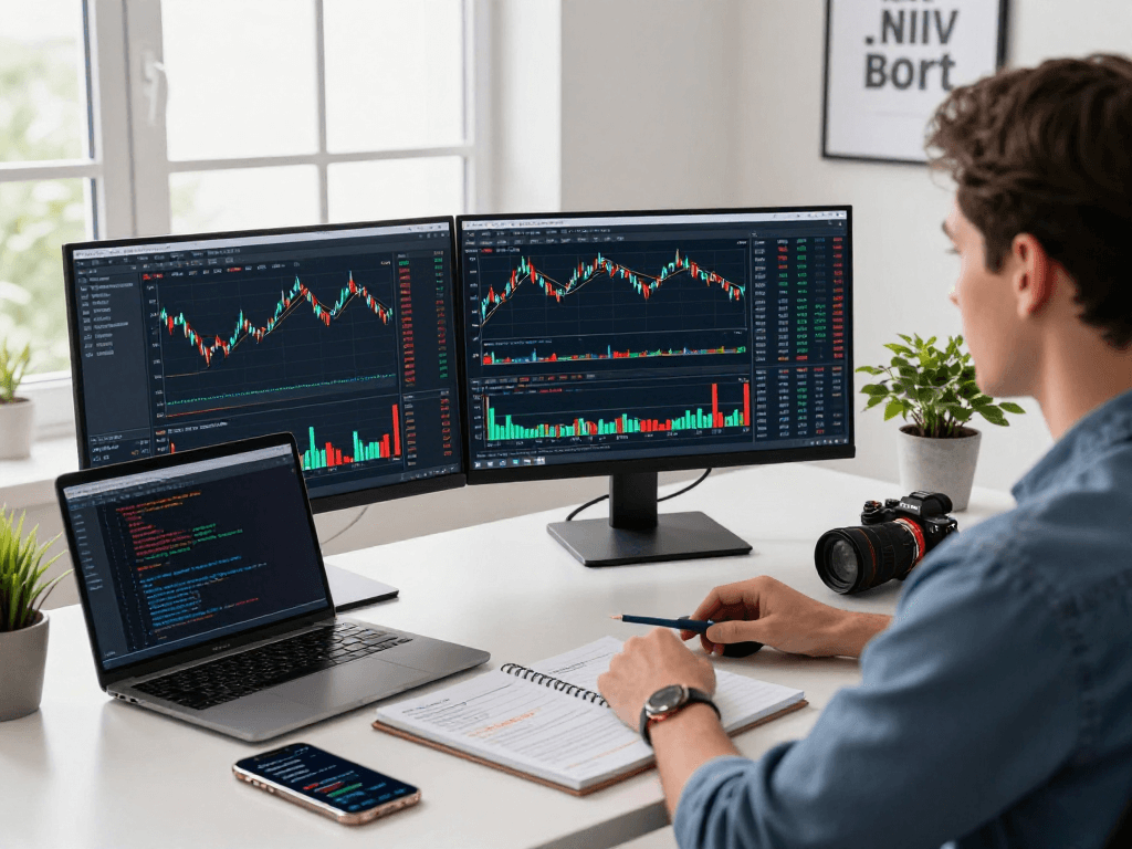 Engaged trader using TradingView platform for market analysis and automated strategies in a modern workspace.