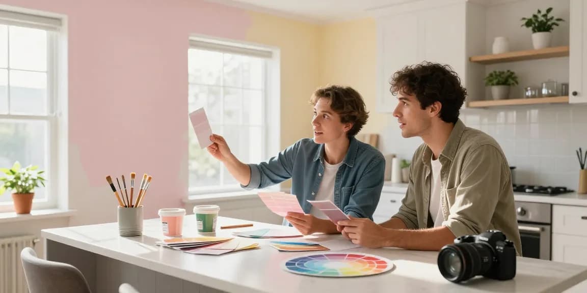 Residential painters Polk County IA helping a homeowner choose paint colors in a bright modern kitchen.