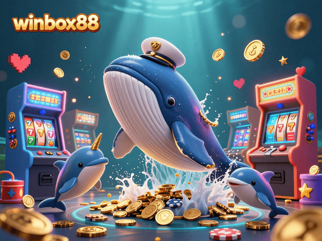 Winbox88 features an engaging underwater scene with a cartoon whale, a narwhal, and dolphins playing poker.