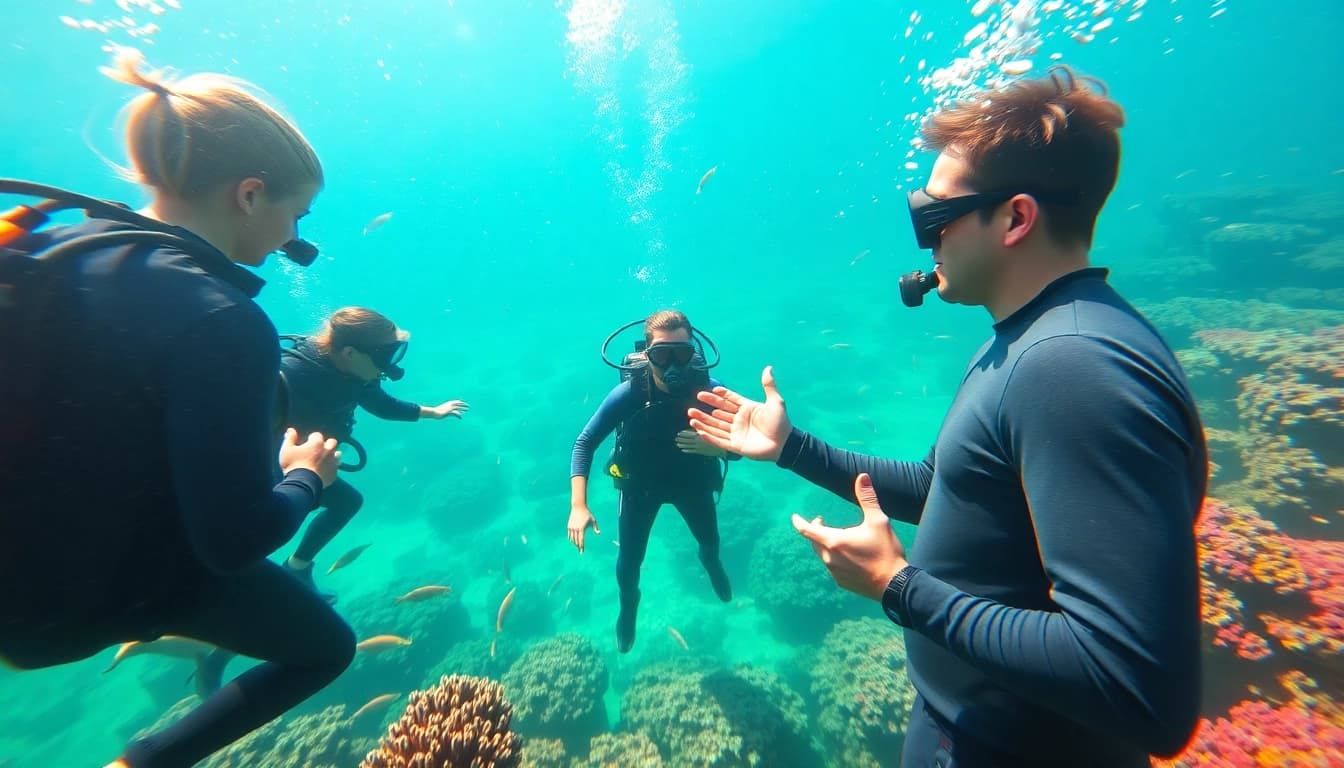 Tauch Ausbildung mit einem Tauchlehrer, der praktische Übungen im klaren Wasser zeigt.