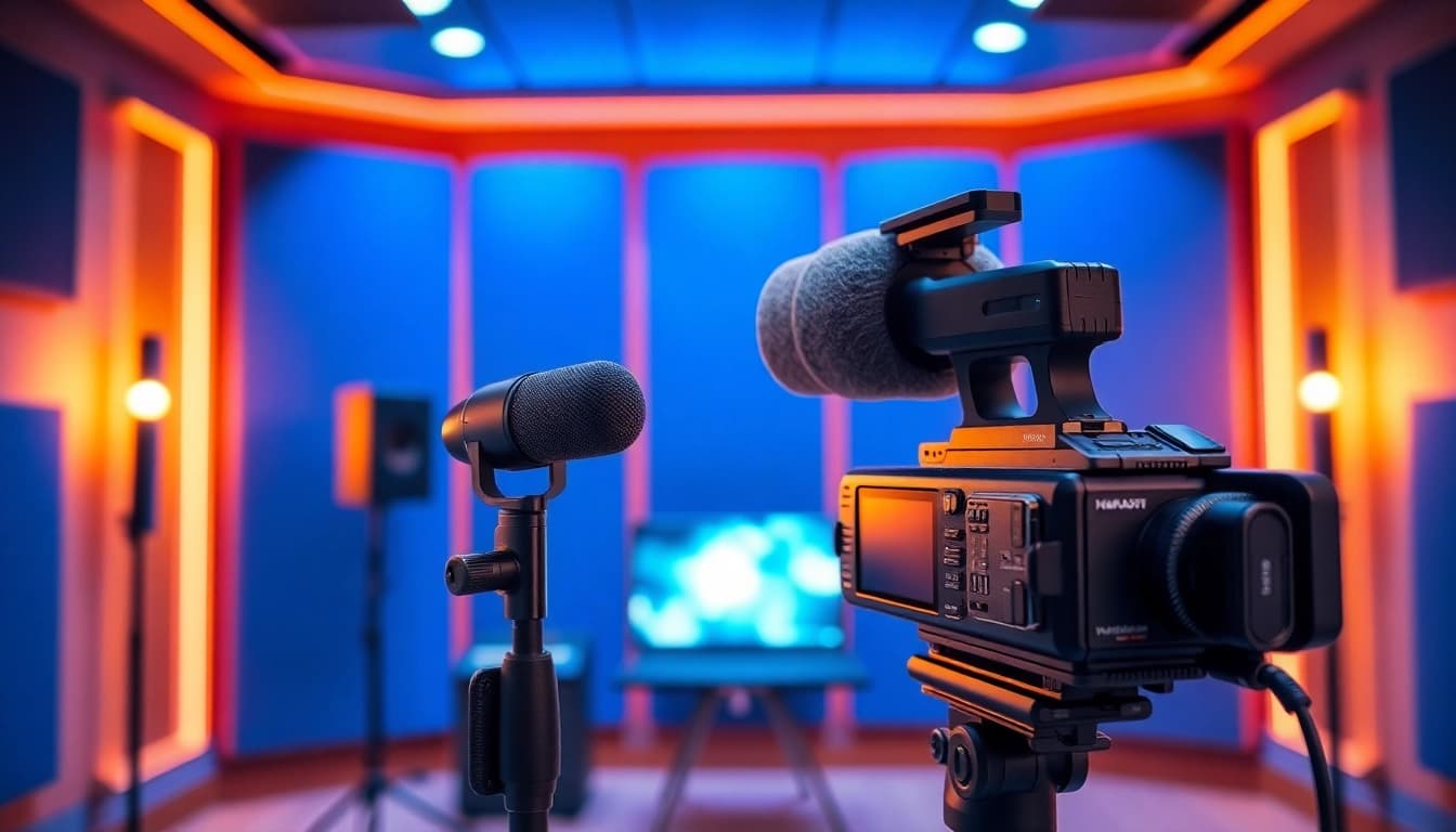 Koralive streaming setup with professional microphone and camera in a modern studio.