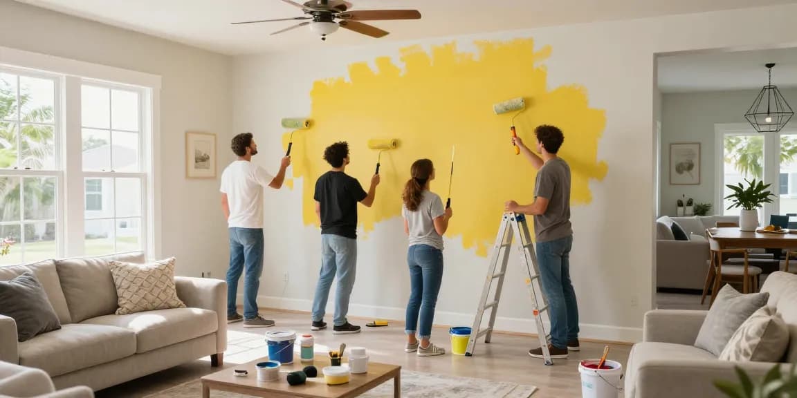 Professional painters in Sarasota FL applying fresh paint to a modern living room, showcasing craftsmanship and vibrant colors.
