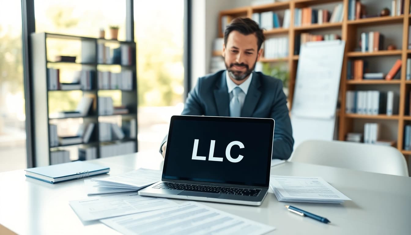 Set up LLC in a modern office with documents and professional ambiance.