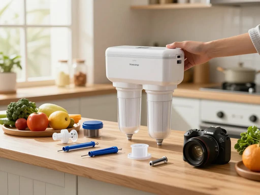 Waterdrop 4396508 Refrigerator Water Filter installation in a bright home kitchen, showcasing tools and fresh ingredients.