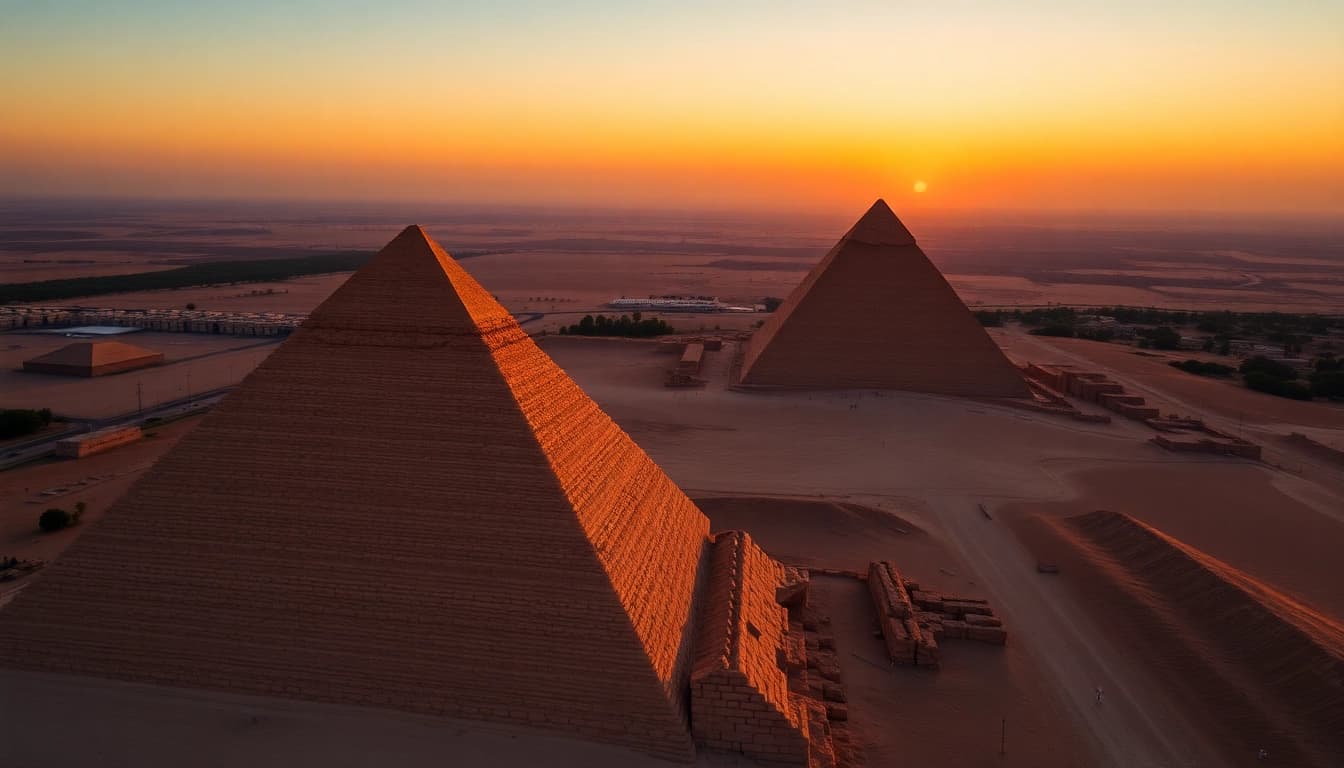 Visitors admiring the grand piraminds of Giza under a vibrant sunset lighting.