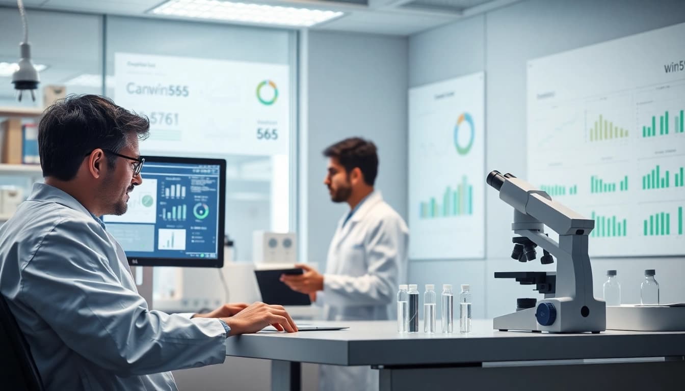 Researchers studying win55 in a modern laboratory.
