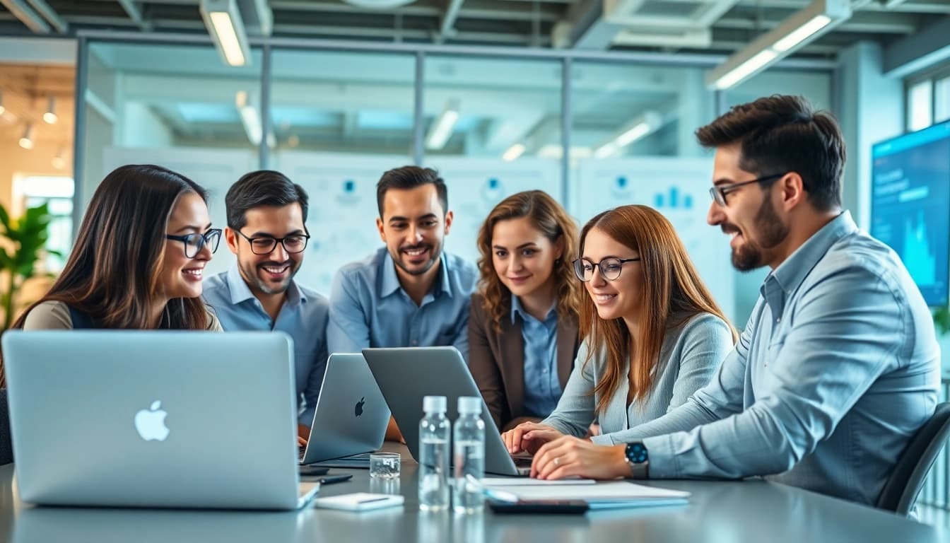 Managed IT services near me team collaborating in a bright, modern office.