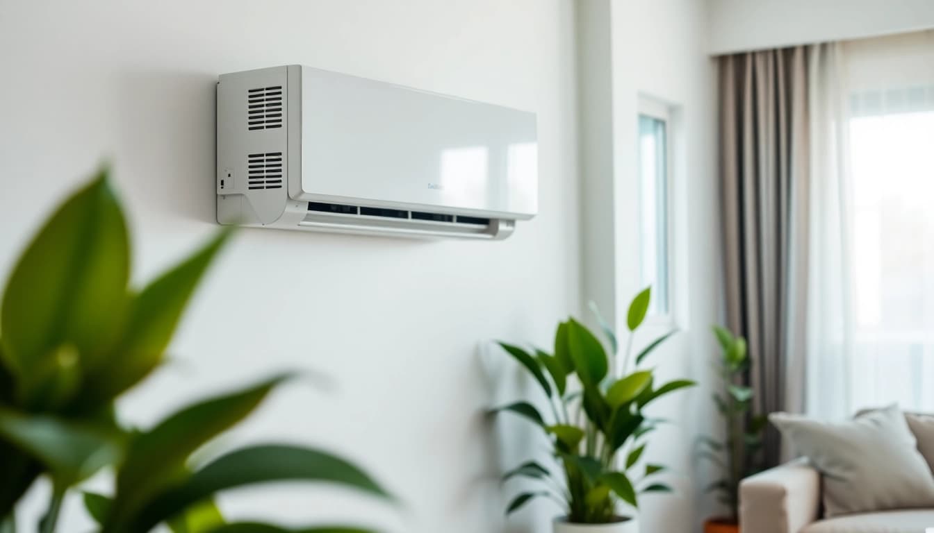 Install a Daikin mini split AC, showcasing a modern indoor unit in a cozy living room.