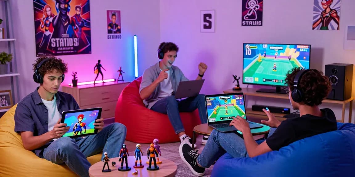 Players immersed in Status AI game, creating avatars and engaging with characters in vibrant, cozy gaming setups.