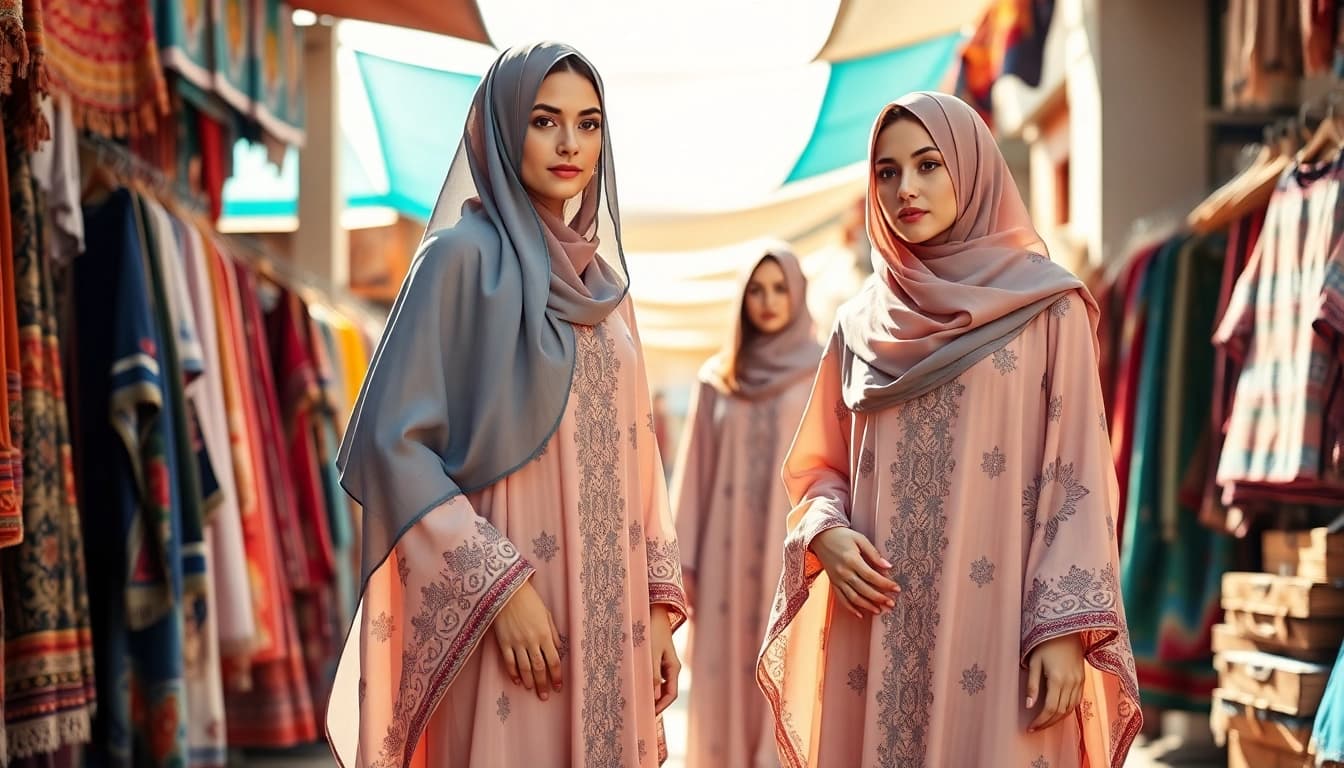 Stunning display of Modest clothing manufacturer abayas worn by models in a vibrant market setting.