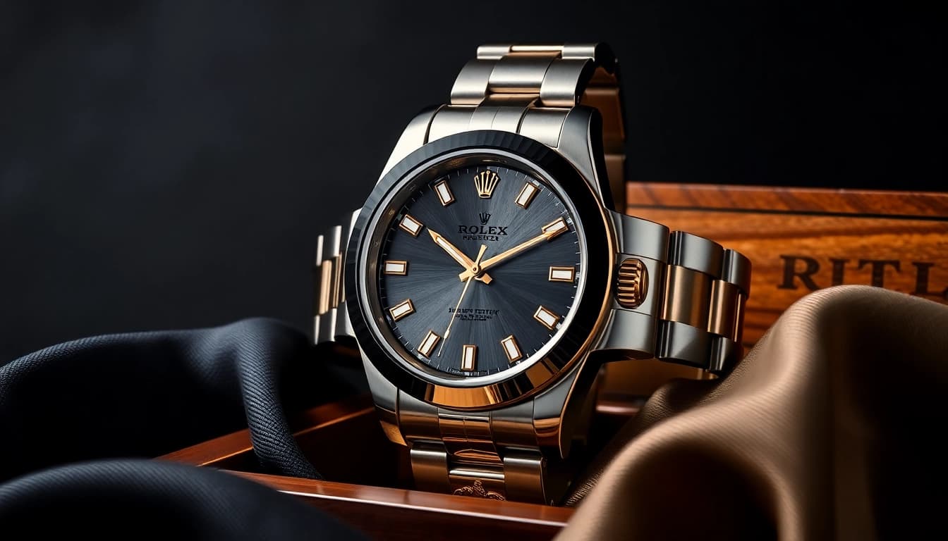 Showcase a Rolex replica with luxurious details and craftsmanship against a dark background.