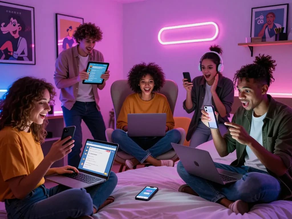 Engaging scene of users enjoying nsfw ai chat on devices, vibrant lighting, and playful decor.