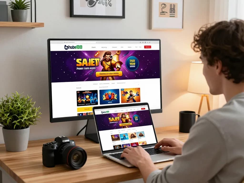 Engaging user exploring hubet88 online shopping, showcasing vibrant promotions and an inviting home office atmosphere.