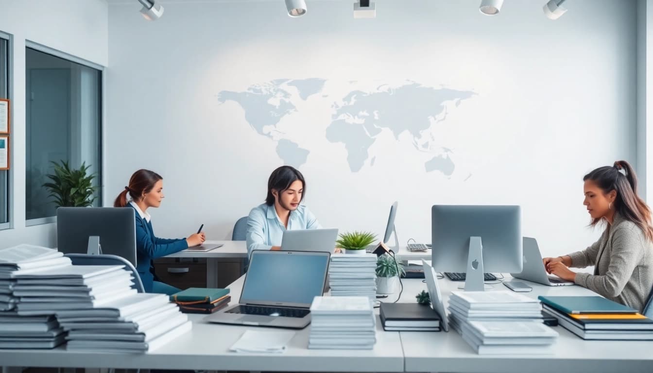 Professional setting showcasing translators engaged in tradução juramentada in a modern office environment.