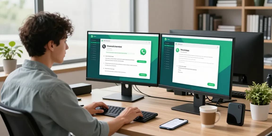 Professional workspace featuring WhatsApp電腦版 in use, showcasing a sleek setup with dual monitors and a focused user.