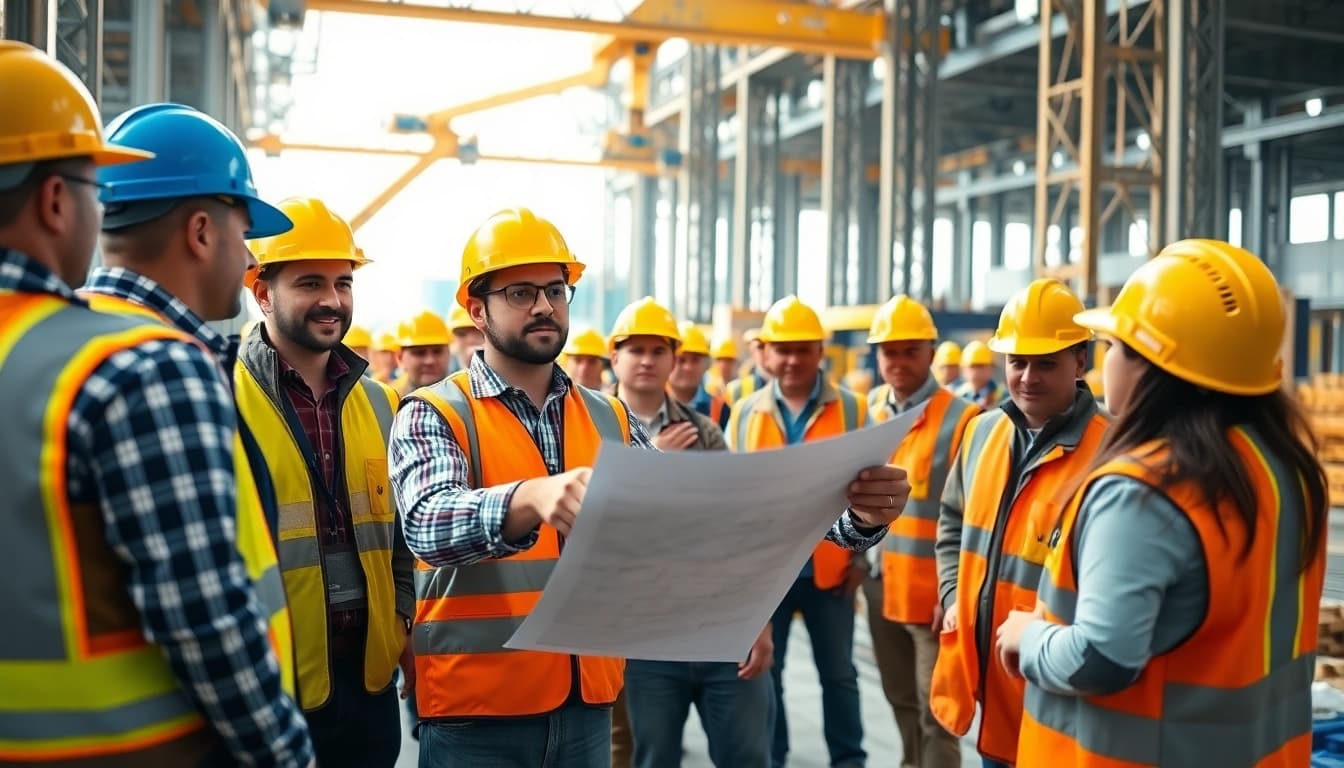 New Jersey Construction Manager leading a dynamic construction site team with blueprints.