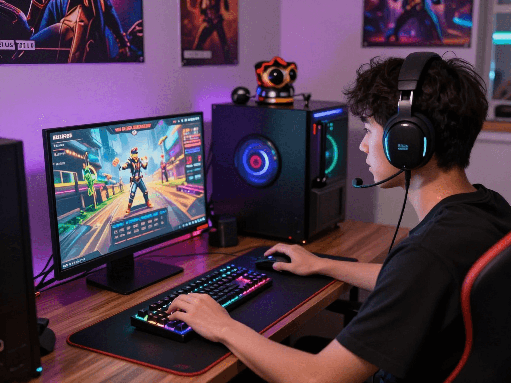 situs raja328 user enjoying an immersive gaming experience on laptop with colorful graphics and vibrant gaming setup