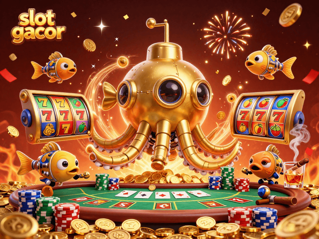 Experience big wins at slot gacor with thrilling 3D casino illustration of a golden kraken and cartoon fish.