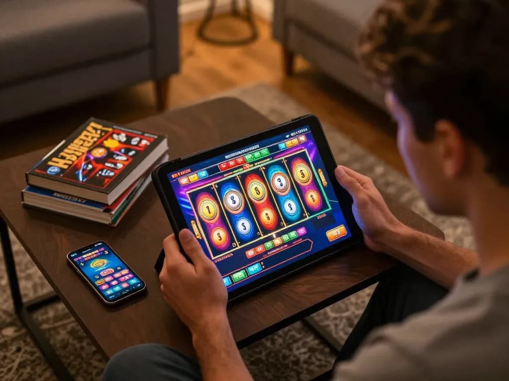 Engaging online gameplay showcasing a bonus new member offer on vibrant slot interface in a cozy home.