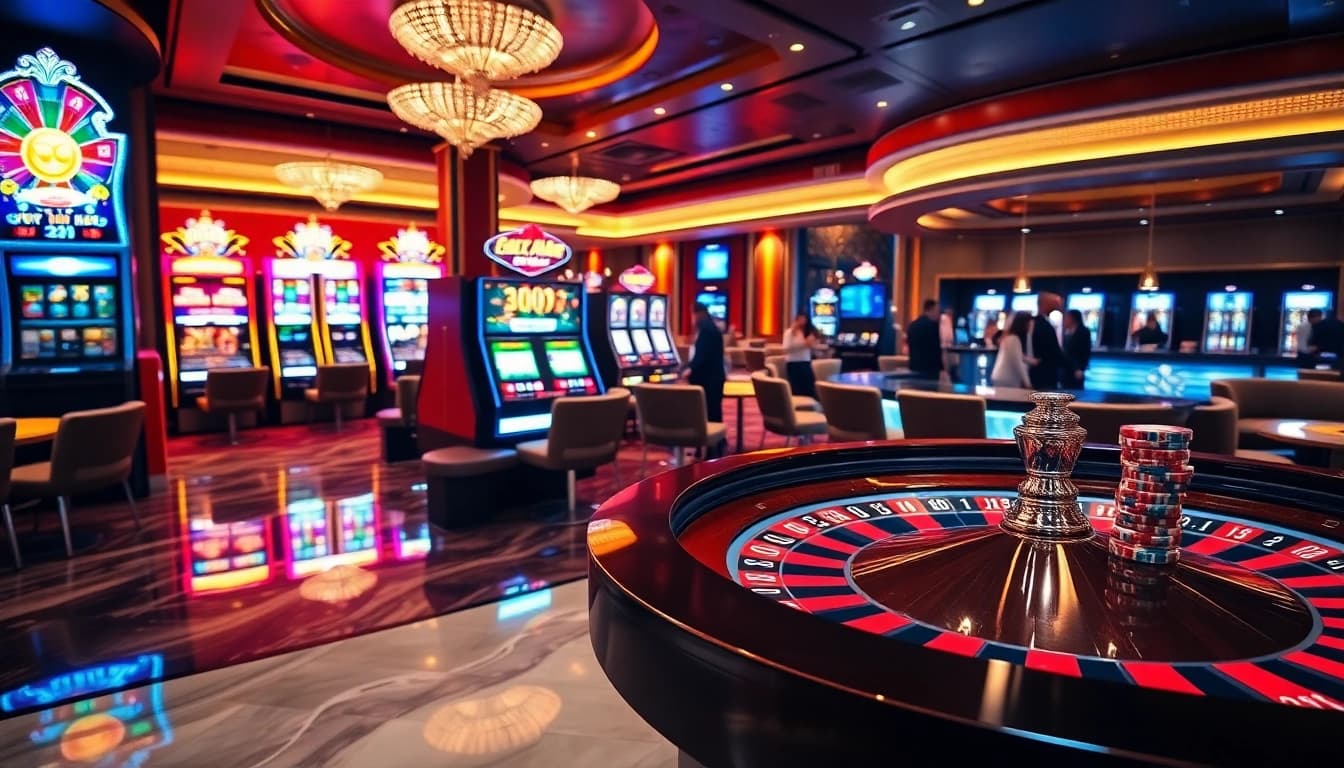 Situs Slot Terpercaya highlights thrilling slot machines and roulette tables in a luxury casino setting.
