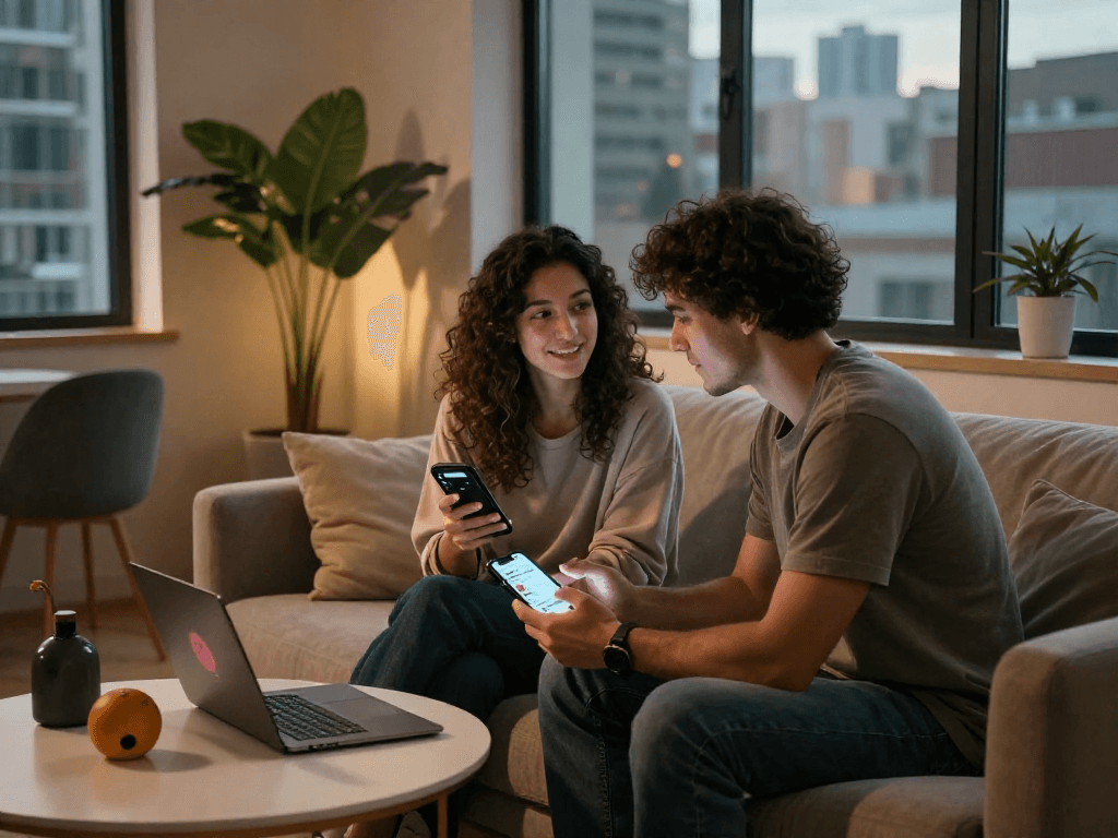 Engaged couple using sex AI chat technology in a cozy urban lounge.