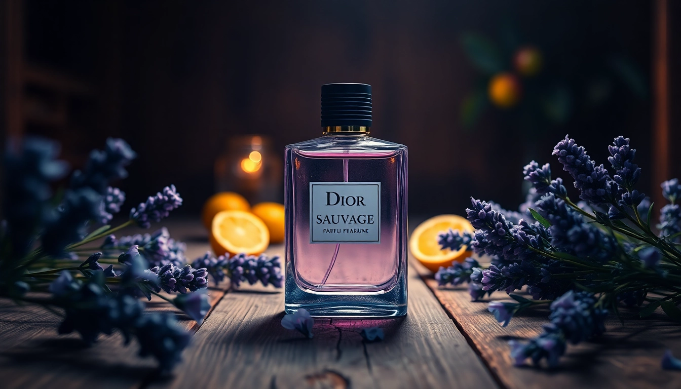 Dior Sauvage fragrance bottle elegantly arranged with lavender, evoking luxury.