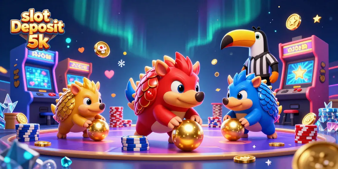Win big at slot deposit 5k with playful pangolins amidst flying poker chips and colorful arcade machines.