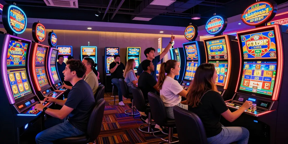 Group celebrating a win on the slot gacor gampang menang in a lively casino.