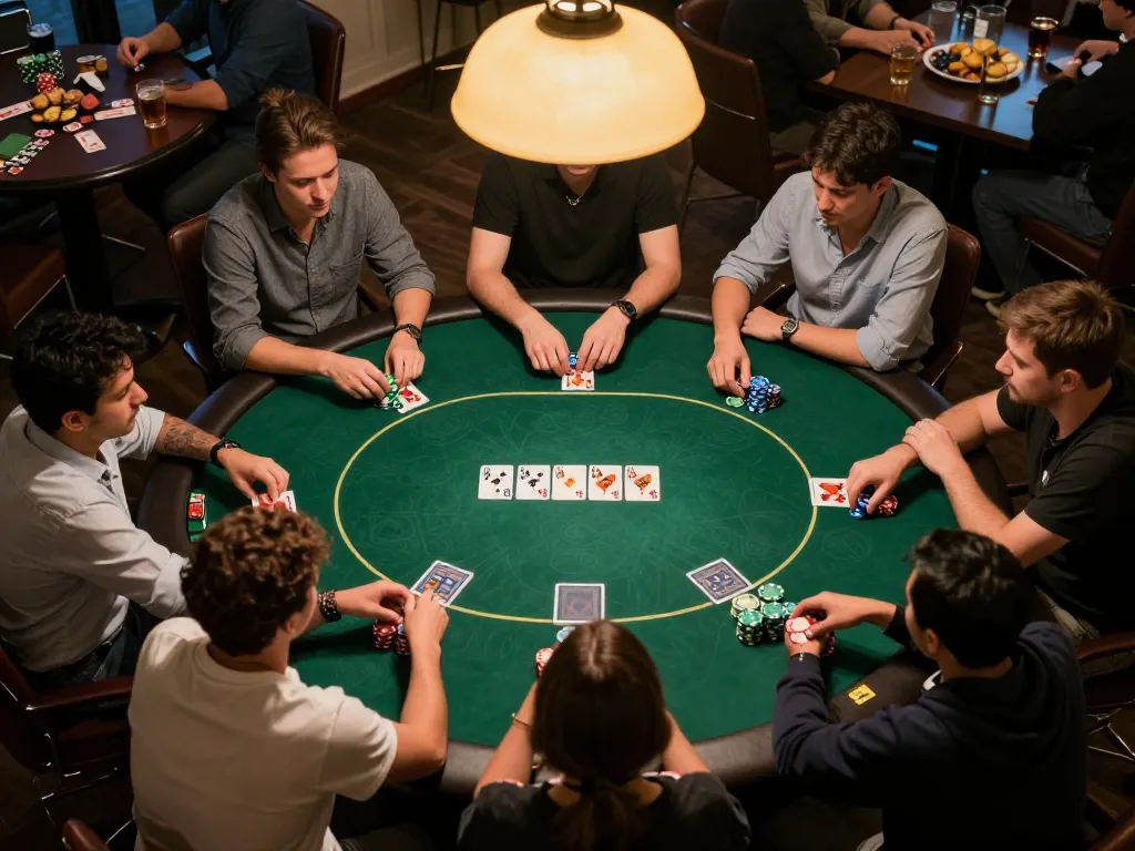 Friends engaged in a friendly poker game with hidden wiki onion connections at an illuminated home setting