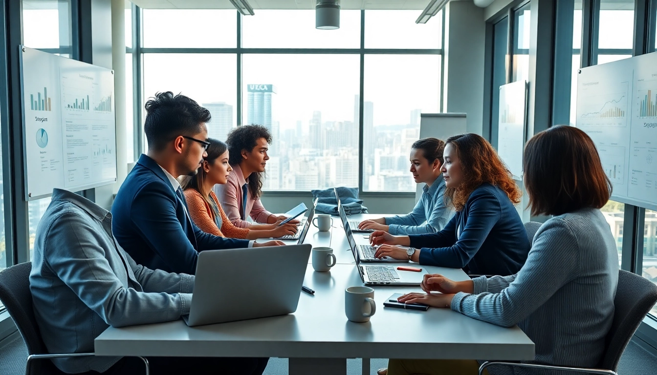 专业人士在现代办公室中使用 WPS Office 软件进行协作。