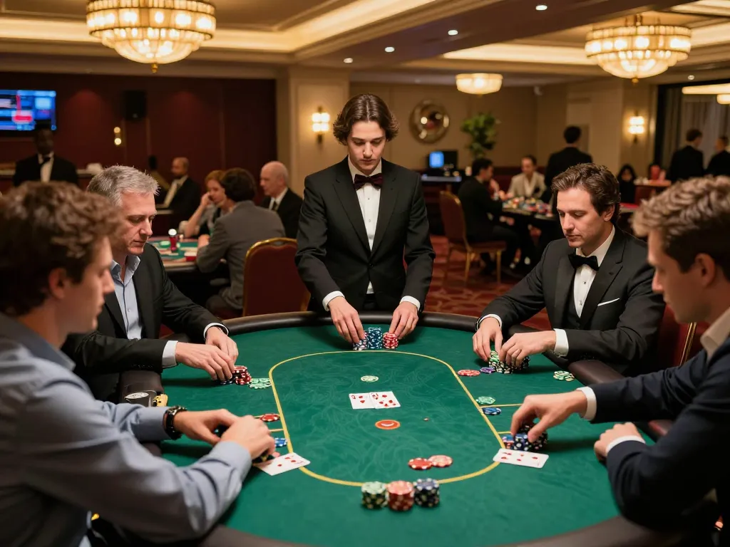 Players strategizing at vip99win poker table in an upscale casino environment.