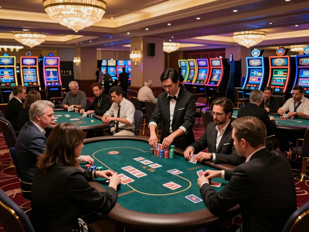 Players enjoying poker at a lively casino floor scene featuring Nohu games, engaging in strategic bets.