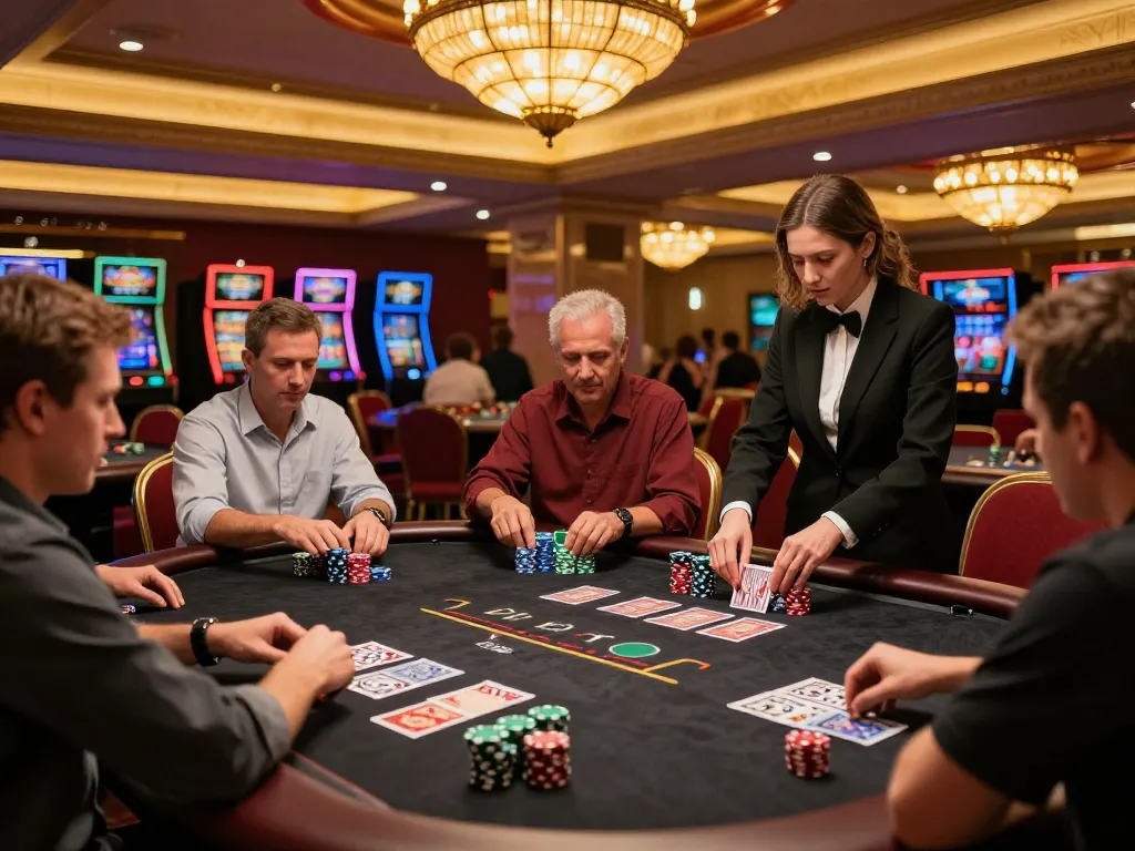 Engaged players assessing their hands at a blackjack table, showcasing the hidden wiki status and strategic skills in a vibrant casino.